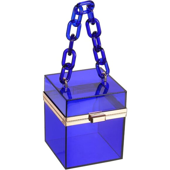 🆕Women Blue Gold Acrylic Clear Clutch Square Evening Box Handbag Wedding Party - Picture 1 of 6